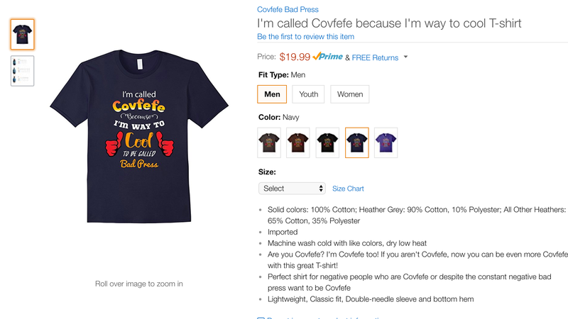 Illustration for article titled Be the Saddest Guy in the Office With Amazon's Embarrassing 'Covfefe' Swag